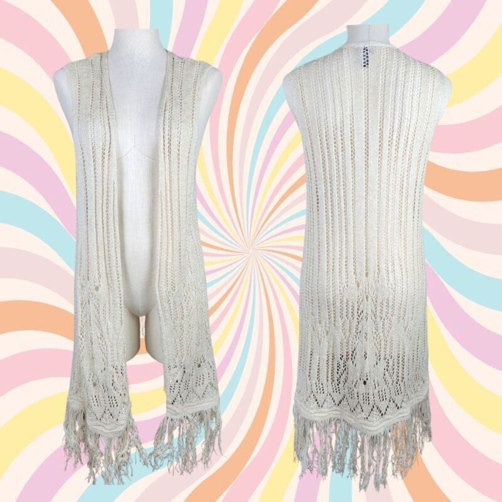Rue 21 Boho Lagenlook Open Front Crochet Knit Cardigan with Fringe Size L